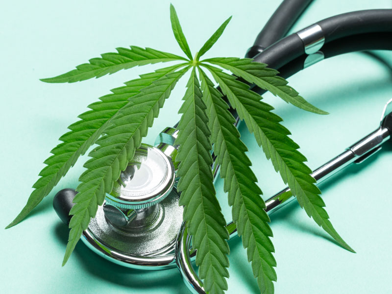 a marijuana leaf on top of a stethoscope to illustrate medical marijuana use