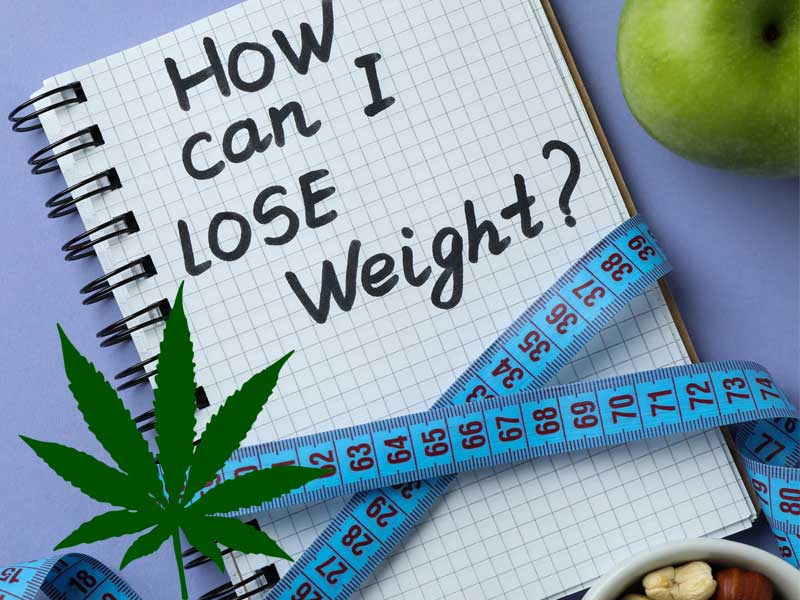 notebook with tape measure and message about weight loss to illustrate medical marijuana and weight loss